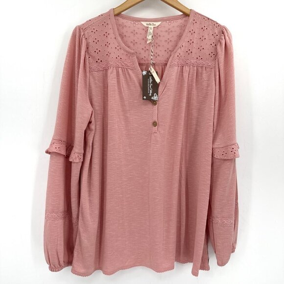 Matilda Jane Heart to Heart Possibilities Pink Knit Henley Popover Top Large NWT - Picture 2 of 5